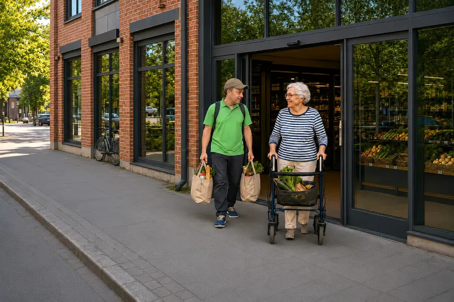 Kauppa-apulainen ja ikäihminen asioivat yhdessä ruokakaupassa
